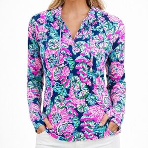 Lilly Pulitzer Floral Popover Top XXS Thumbhole Sleeves Pink Blue